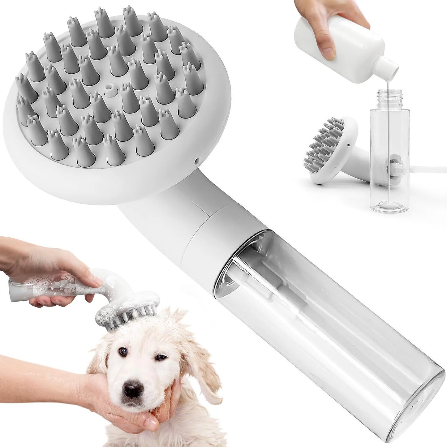 3-in-1 Dog Bath Brush with Soft Silicone Massage Heads for Pet Grooming