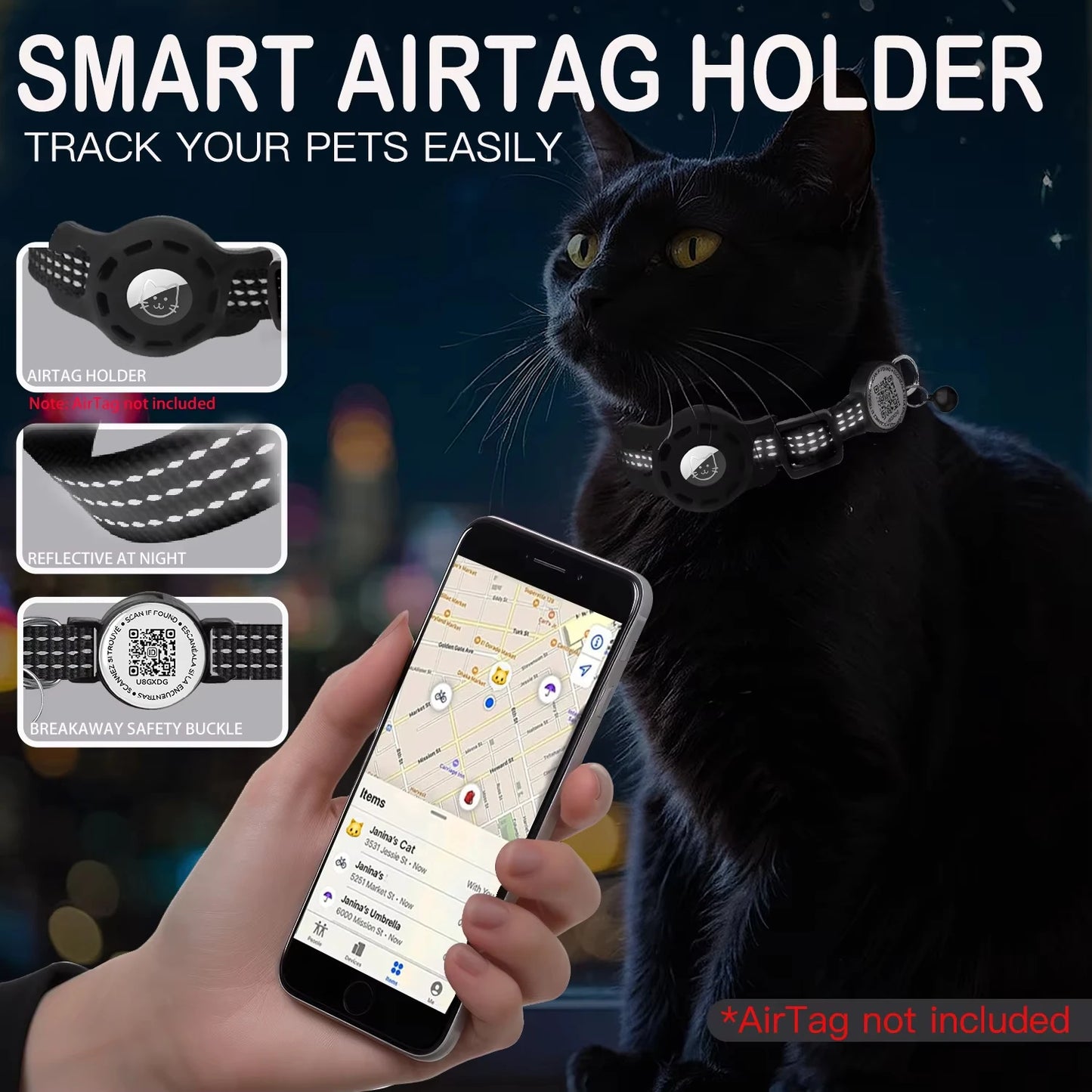 Cat GPS Collar with QR Code Tag and AirTag Case - Reflective Breakaway