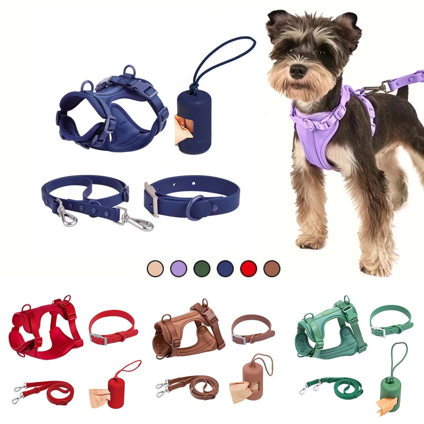 Dog Chest Harness Set - 11 Colors Waterproof PVC with Leash