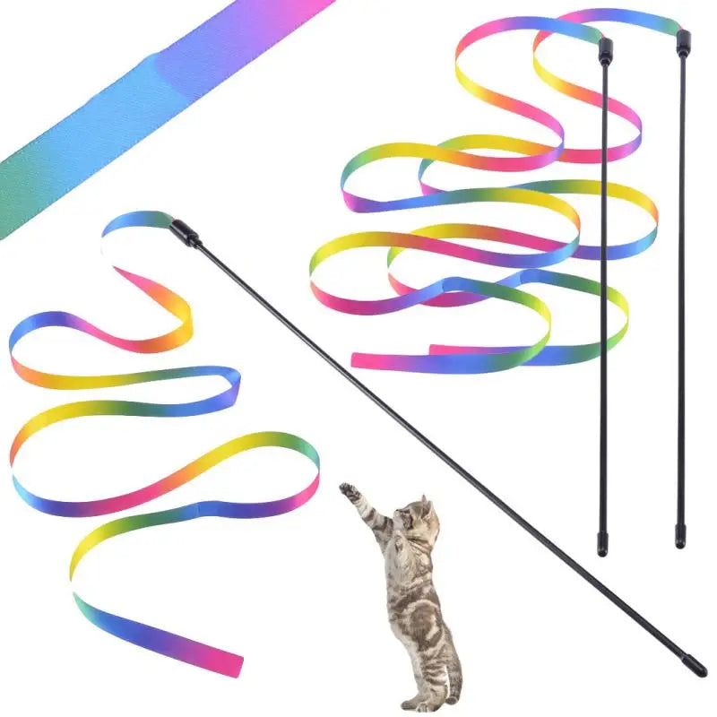 Pet Cat Interactive Teaser Wand With Rainbow Strips And Feathers
