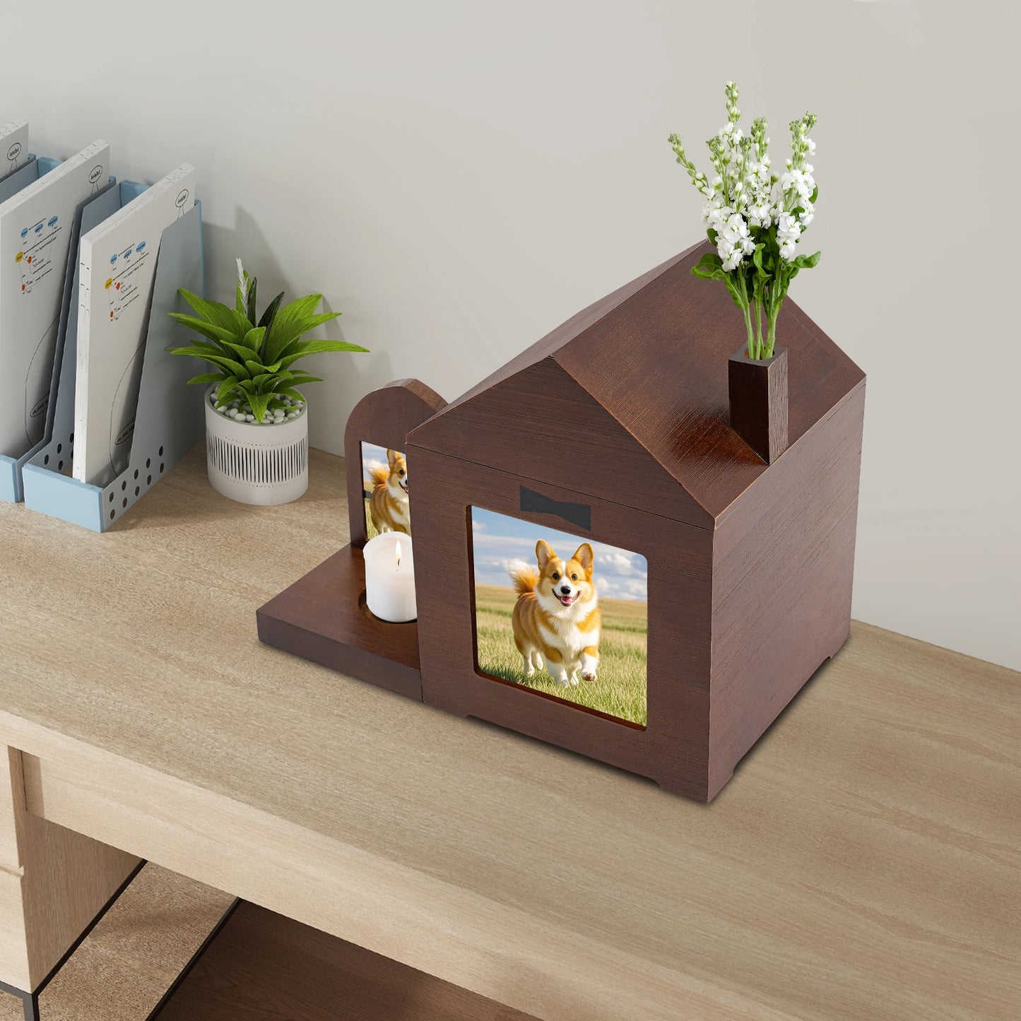 Pine Acrylic Pet Urn With Two Photo Frames For Small Pet Ashes