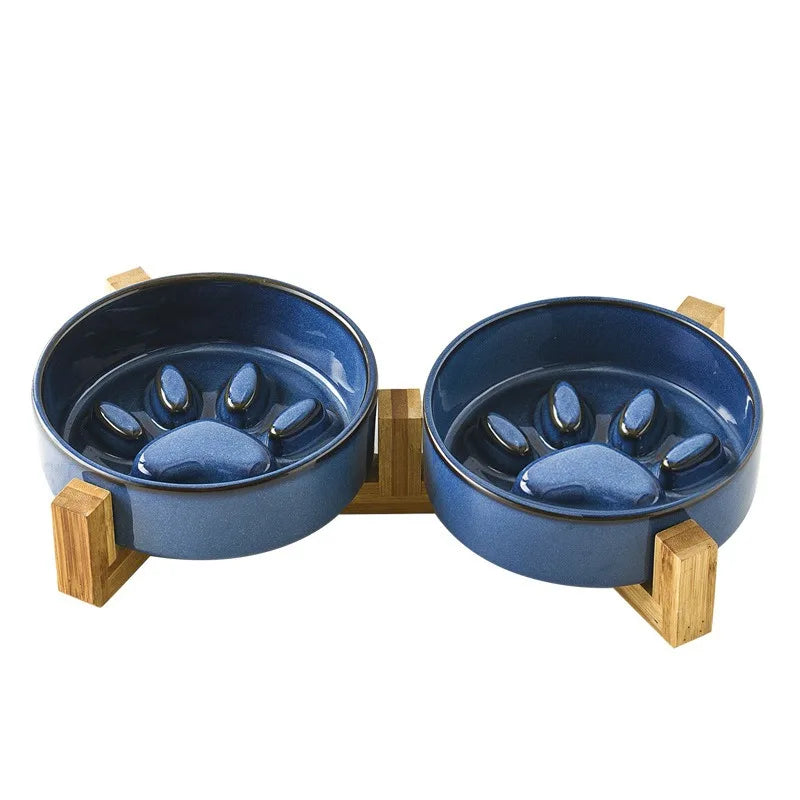 Japanese Ceramic Pet Bowl Set With Slow Feeder And Wood Stand