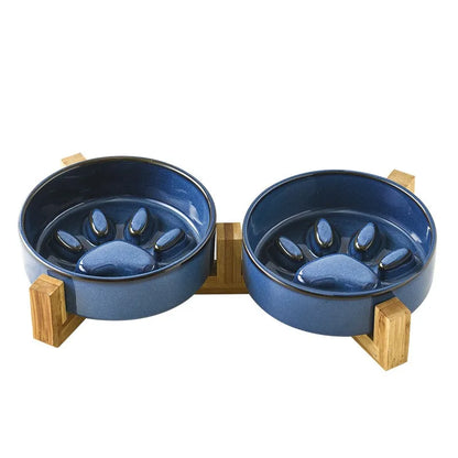 Japanese Ceramic Pet Bowl Set With Slow Feeder And Wood Stand