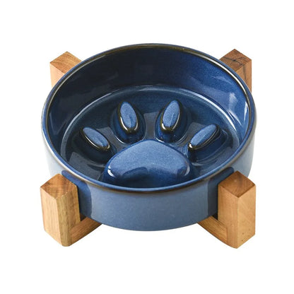 Japanese Ceramic Pet Bowl Set With Slow Feeder And Wood Stand