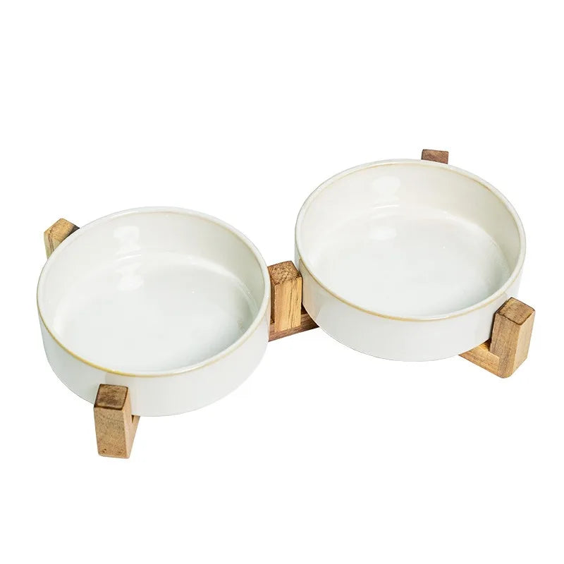 Japanese Ceramic Pet Bowl Set With Slow Feeder And Wood Stand