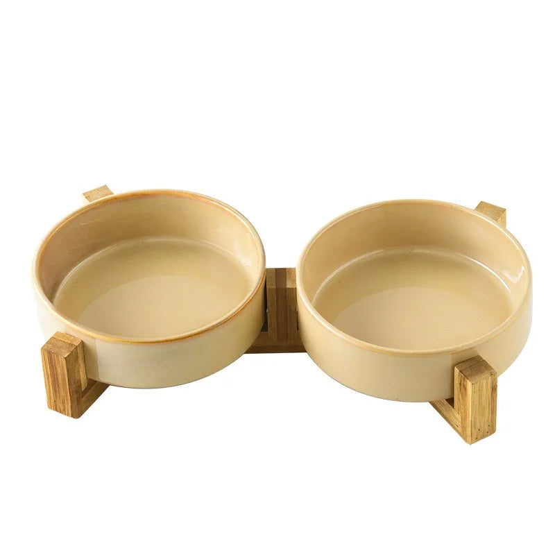 Japanese Ceramic Pet Bowl Set With Slow Feeder And Wood Stand