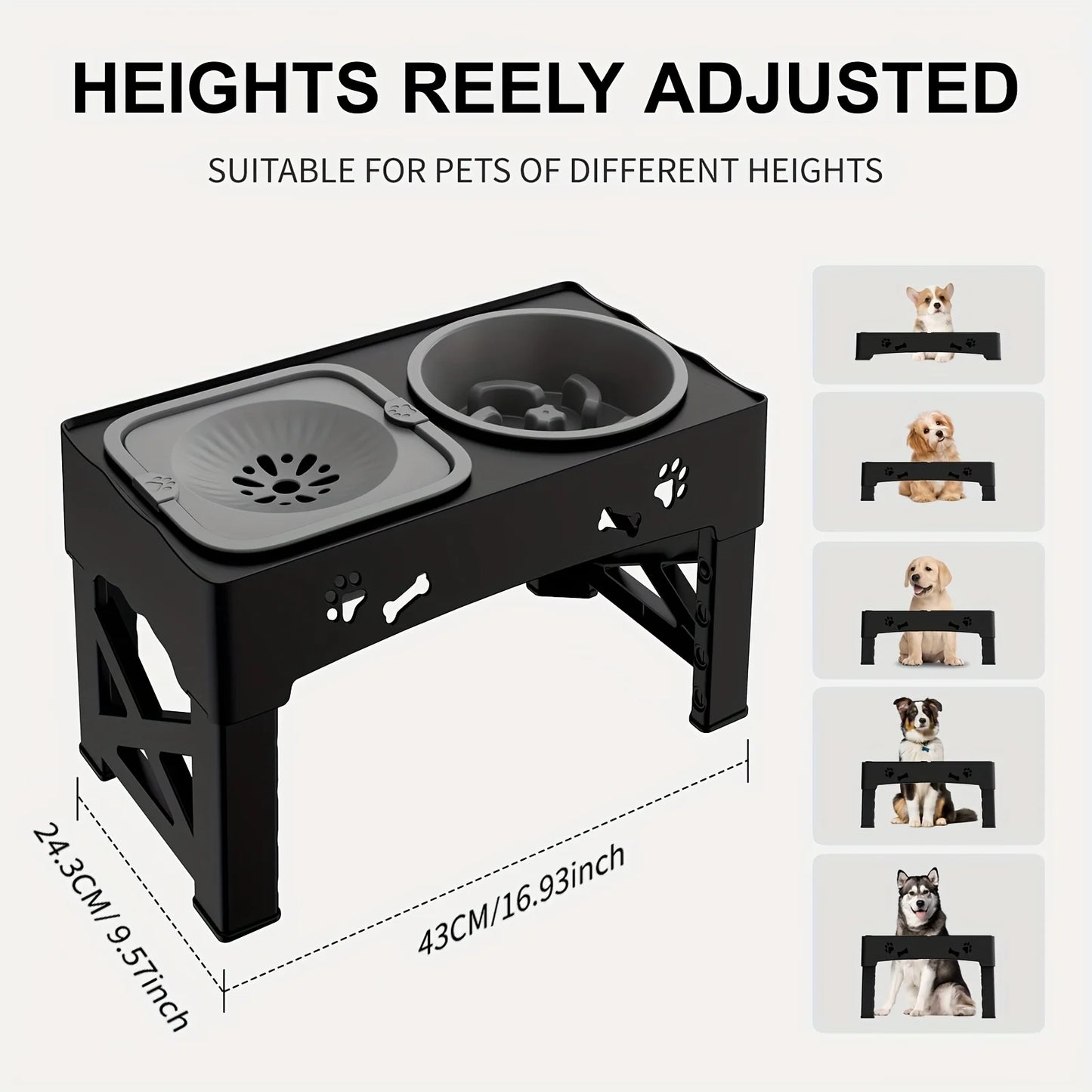 Pet Slow Feeder Bowl - Anti-Tip Adjustable Height Stand for Dogs and Cats