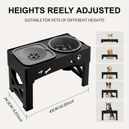 Pet Slow Feeder Bowl - Anti-Tip Adjustable Height Stand for Dogs and Cats