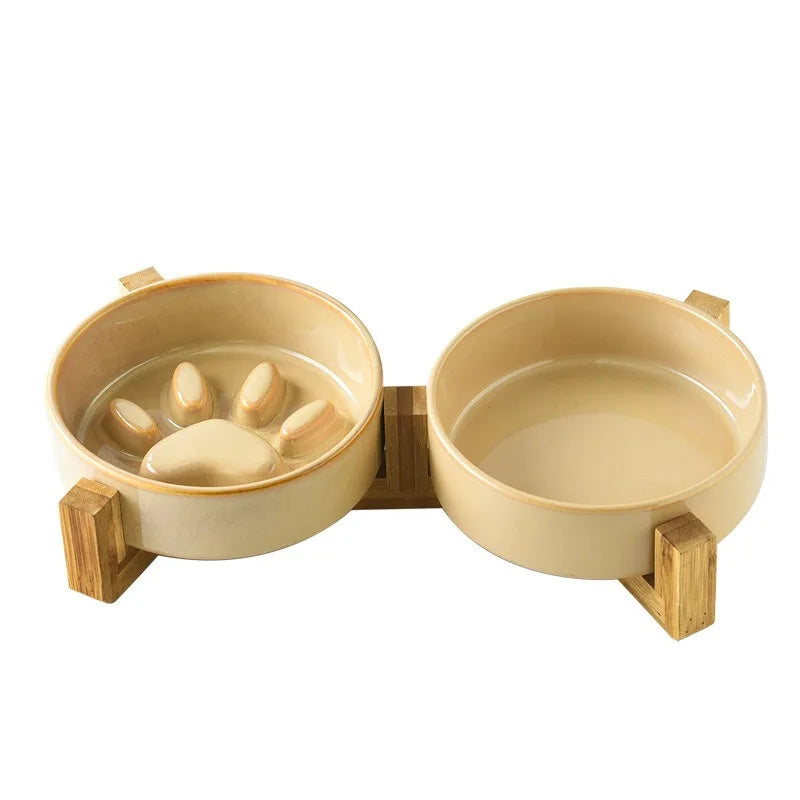 Japanese Ceramic Pet Bowl Set With Slow Feeder And Wood Stand
