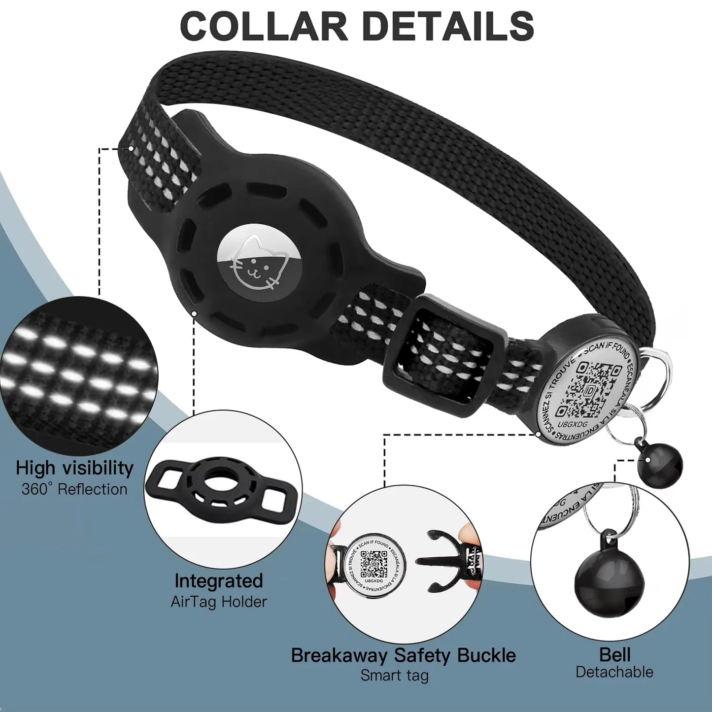 Cat GPS Collar with QR Code Tag and AirTag Case - Reflective Breakaway
