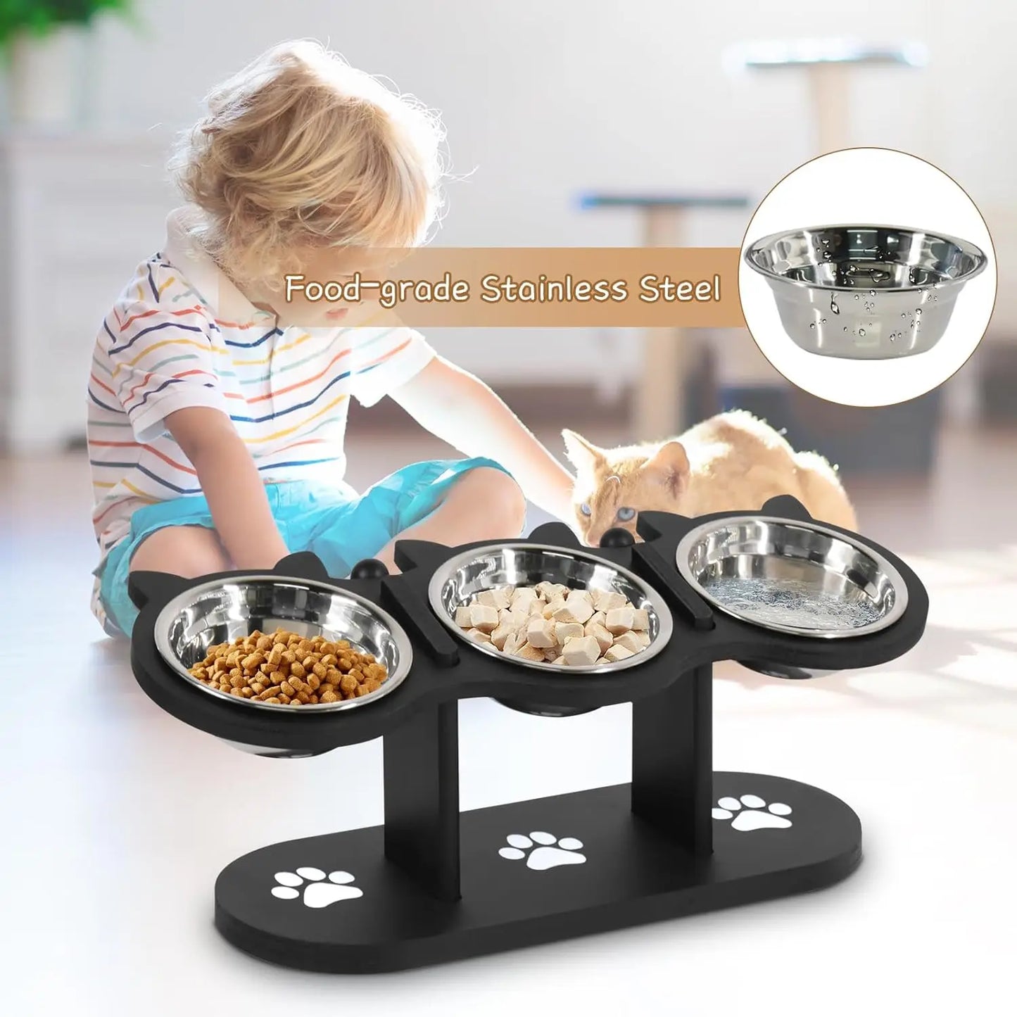 Elevated Cat Bowl With Adjustable Wood Stand And Stainless Steel