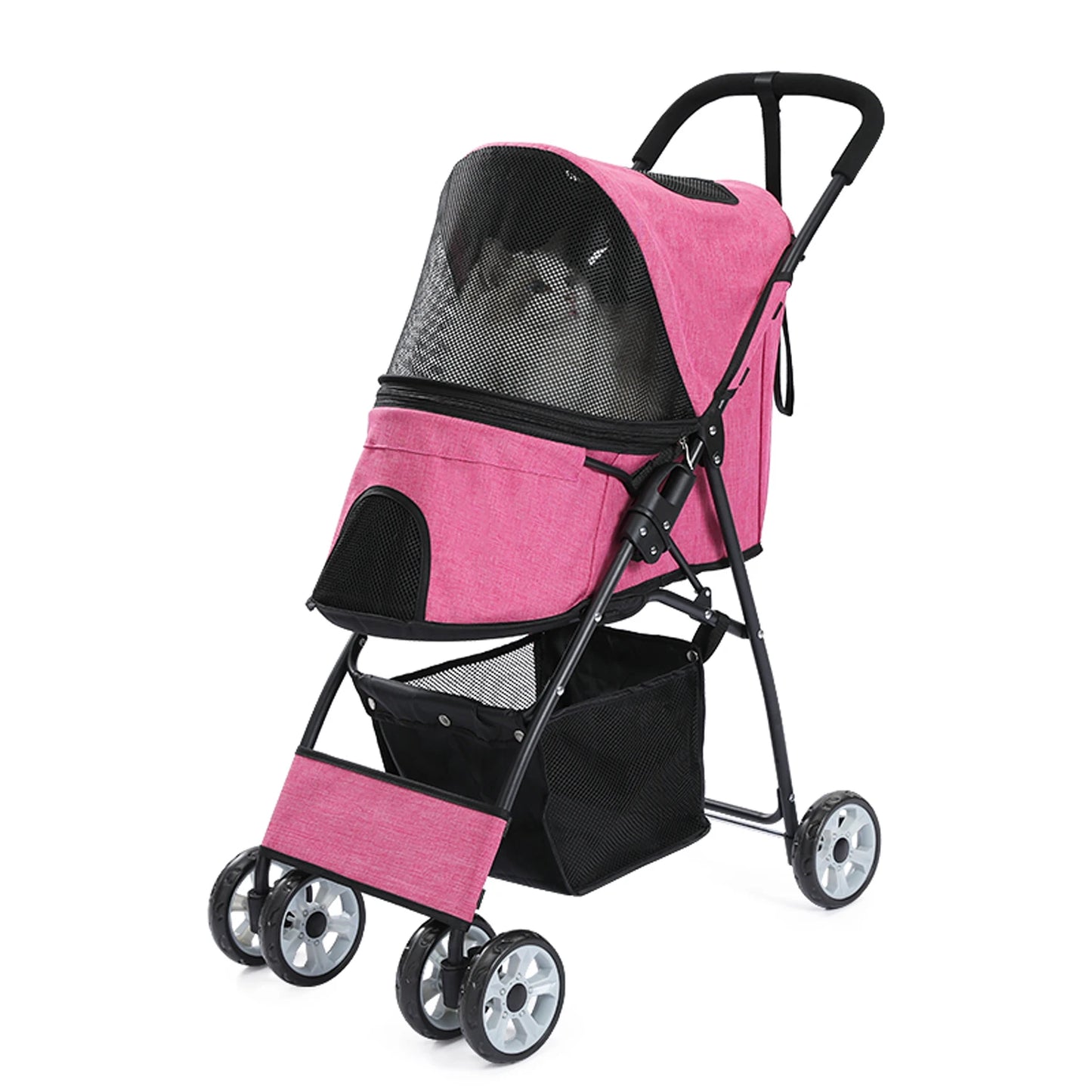 Foldable Pet Stroller 4-Wheel Dog Travel Pushchair With Storage Basket