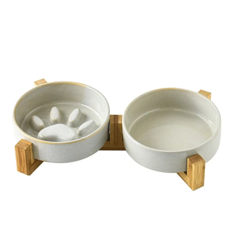 Japanese Ceramic Pet Bowl Set With Slow Feeder And Wood Stand