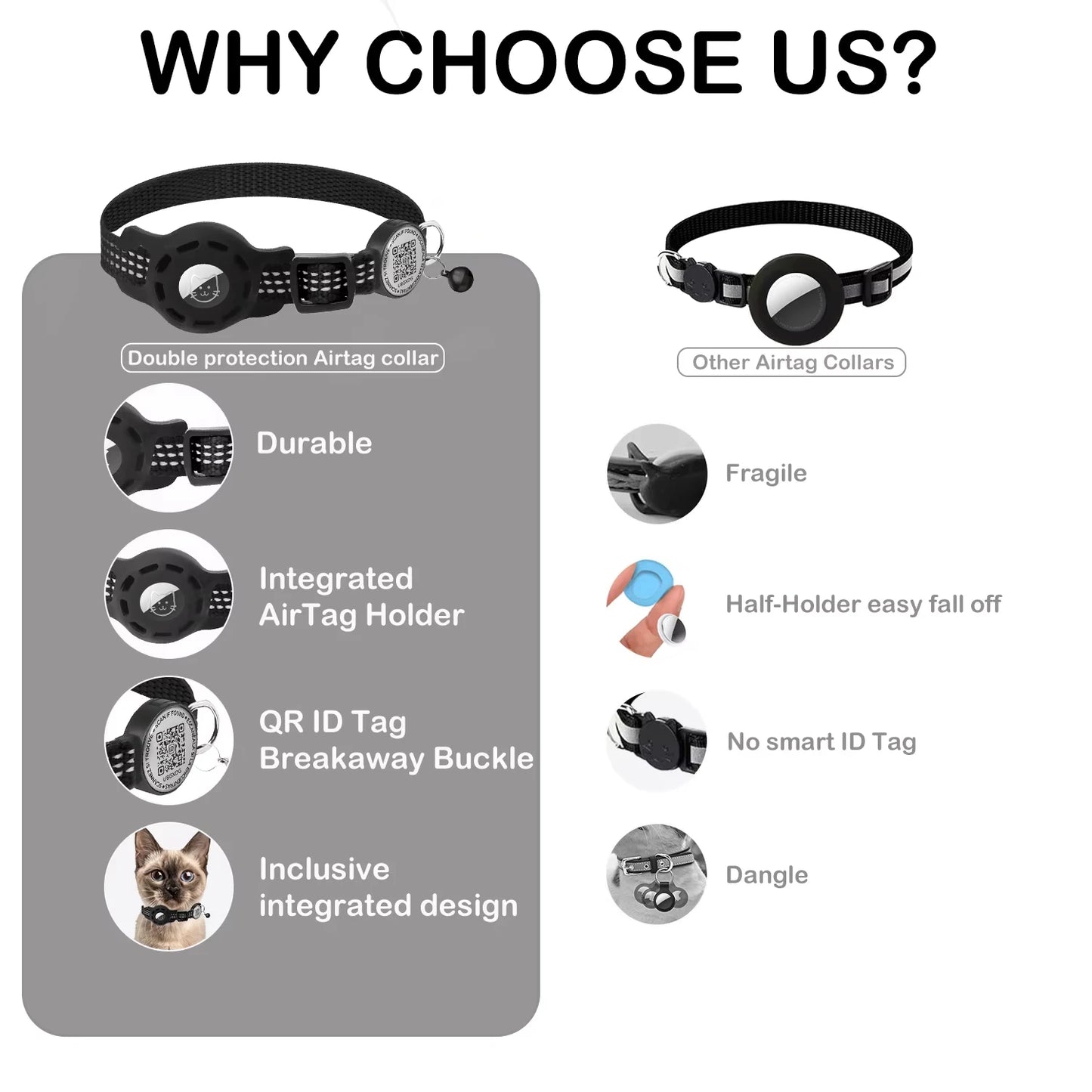 Cat GPS Collar with QR Code Tag and AirTag Case - Reflective Breakaway