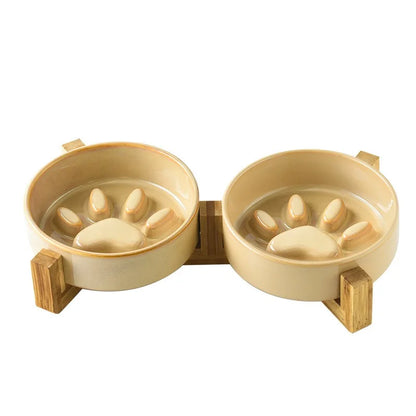 Japanese Ceramic Pet Bowl Set With Slow Feeder And Wood Stand