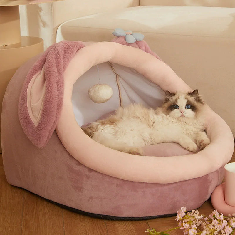 Cat Bed With Rabbit Ears - Soft Warm Pet Basket For Small Dogs