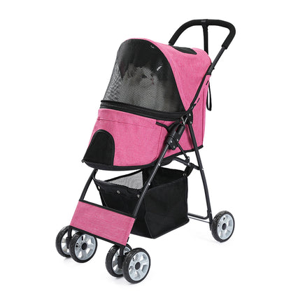 Foldable Pet Stroller 4-Wheel Dog Travel Pushchair With Storage Basket