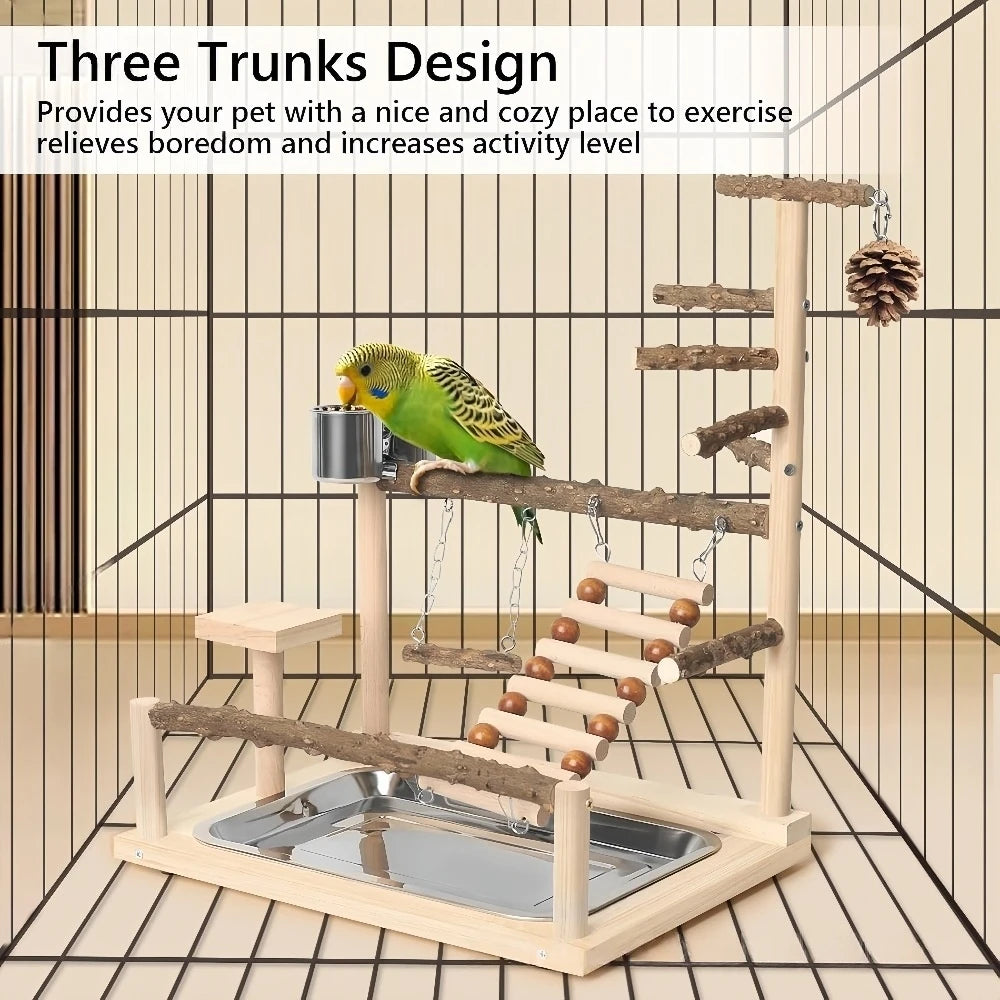 Parrot Activity Center - Wooden Bird Playstand With Swings & Ladder