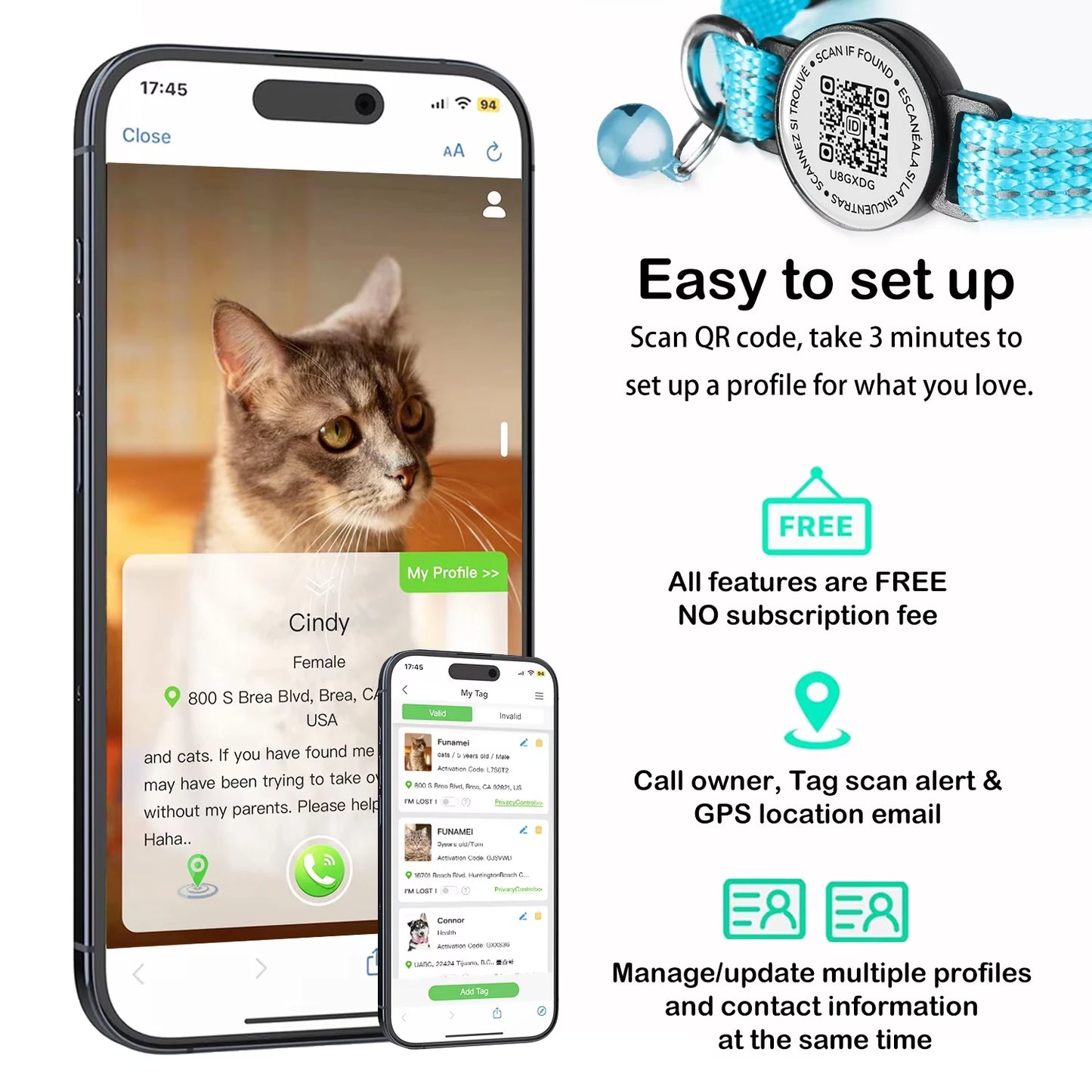 Cat GPS Collar with QR Code Tag and AirTag Case - Reflective Breakaway