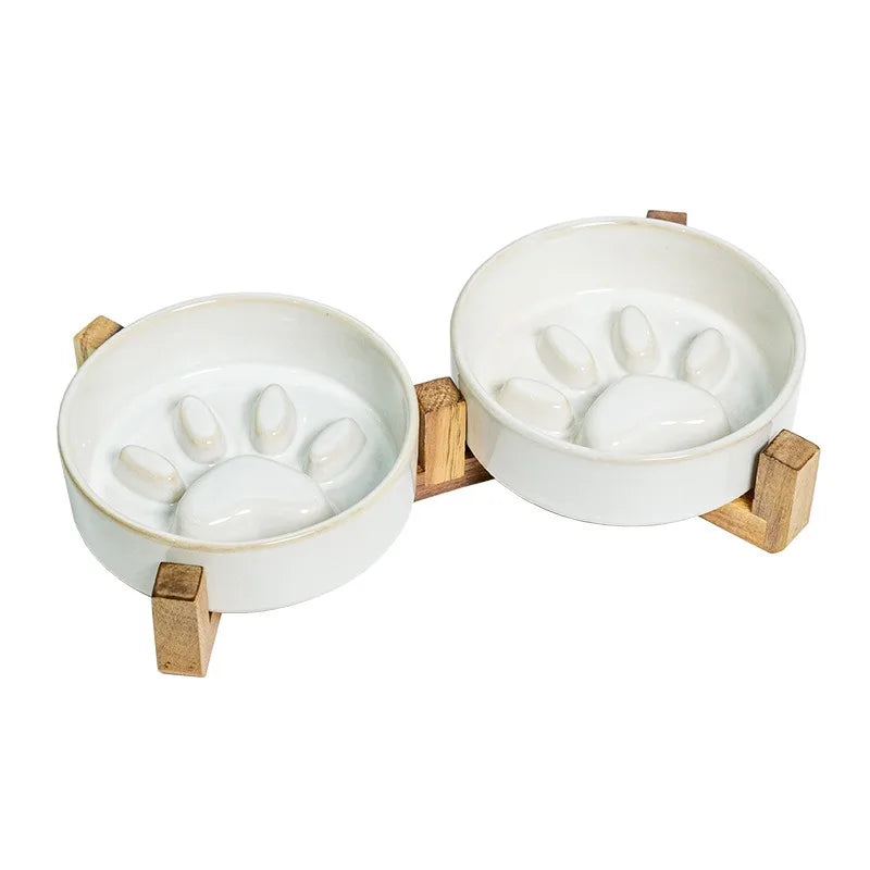 Japanese Ceramic Pet Bowl Set With Slow Feeder And Wood Stand