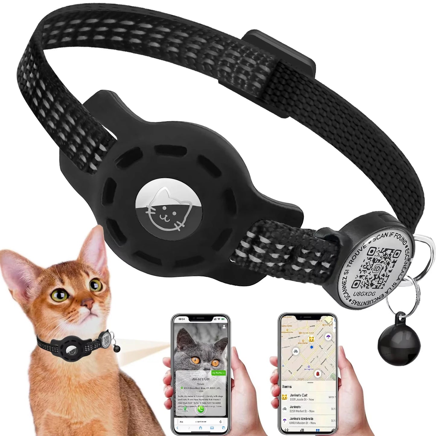 Cat GPS Collar with QR Code Tag and AirTag Case - Reflective Breakaway