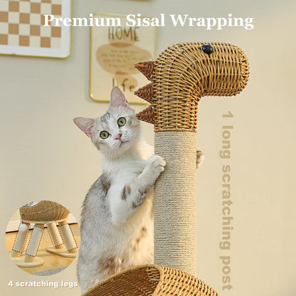 Dinosaur Cat Tree Tower With Sisal Scratching Post Large Rattan Condo