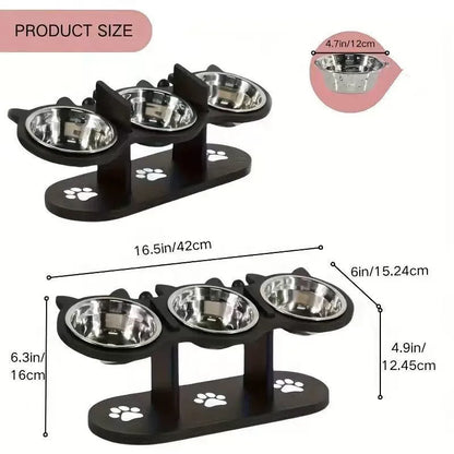 Elevated Cat Bowl With Adjustable Wood Stand And Stainless Steel
