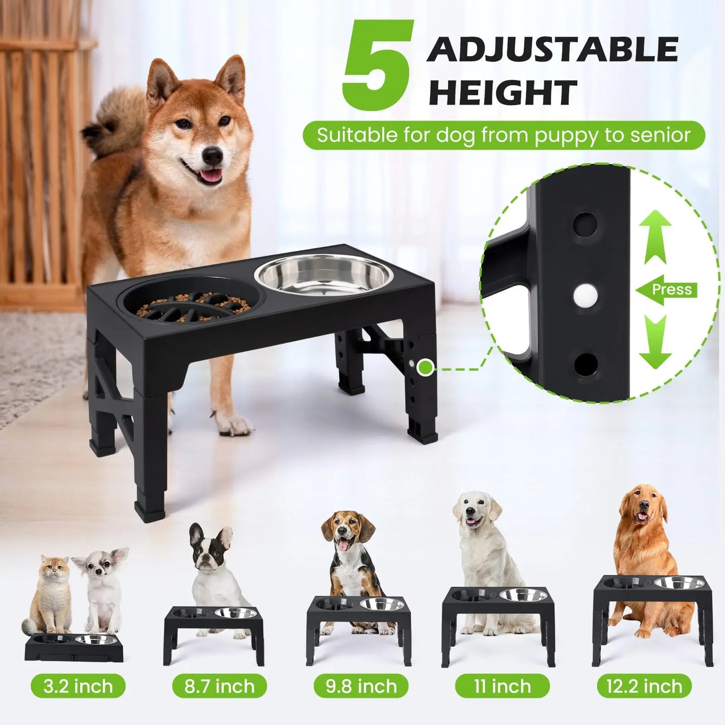 Elevated Dog Feeder With Adjustable Stand And Stainless Steel Bowls