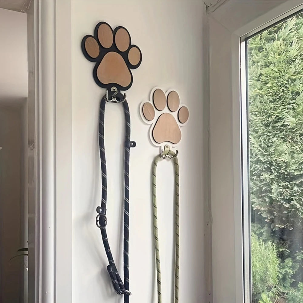 Paw Print Wooden Dog Leash Hanger Wall Hook for Pet Accessories