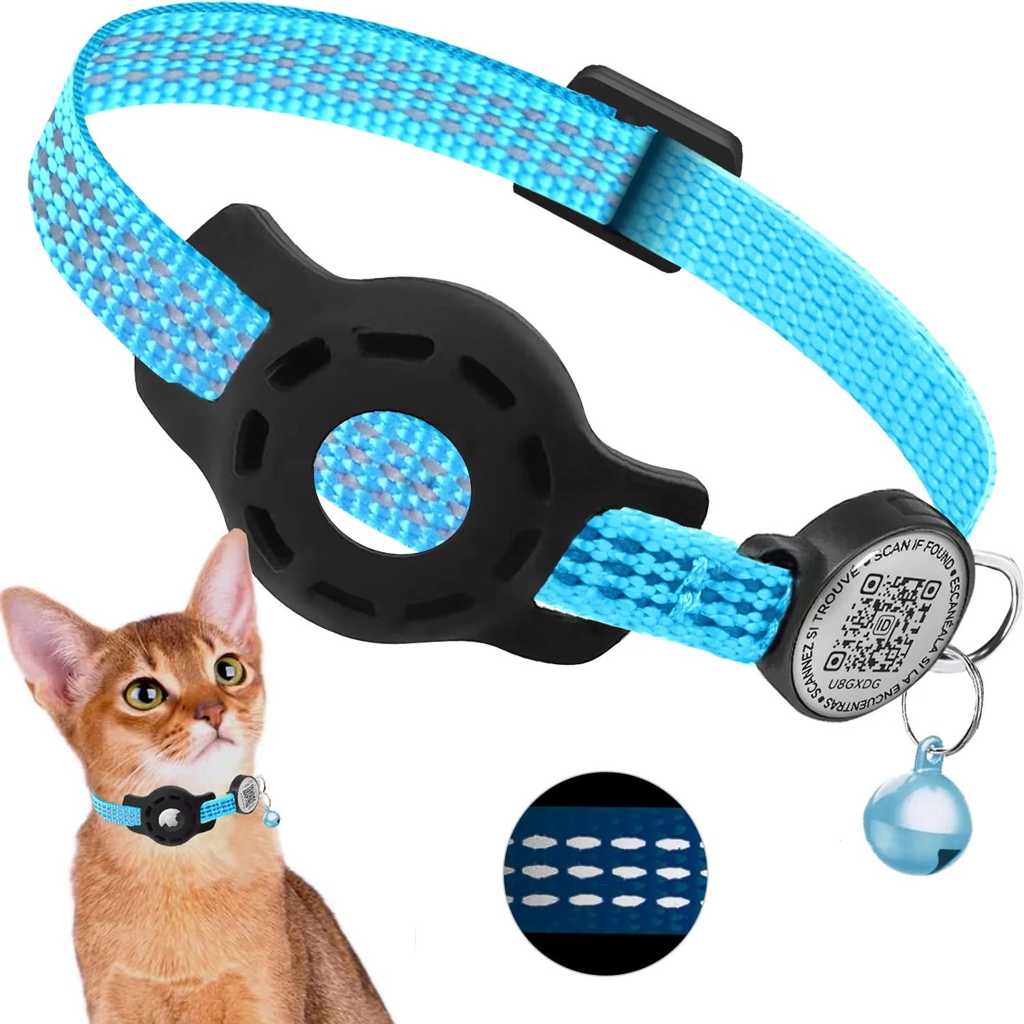 Cat GPS Collar with QR Code Tag and AirTag Case - Reflective Breakaway