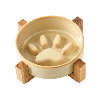 Japanese Ceramic Pet Bowl Set With Slow Feeder And Wood Stand